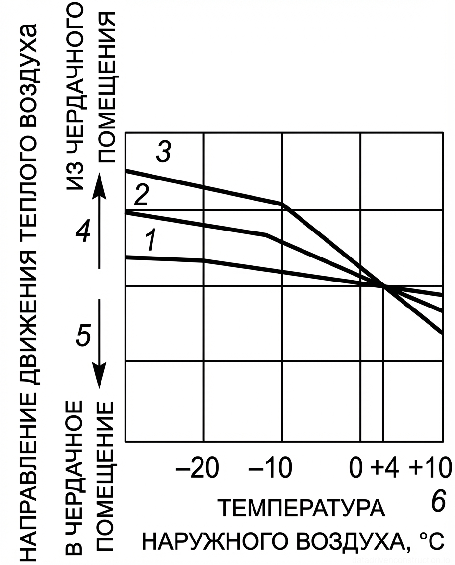 Рис. — График, иллюстрирующий направление и интенсивность движения теплого воздуха относительно чердачного пространства в зависимости от температуры наружного воздуха для различных условий. (Примечание: Предоставленный текстовый контекст (Рис. 1) описывает «Схему образования наледей на карнизных свесах кровли», что является другой иллюстрацией и не соответствует данному графику.)
