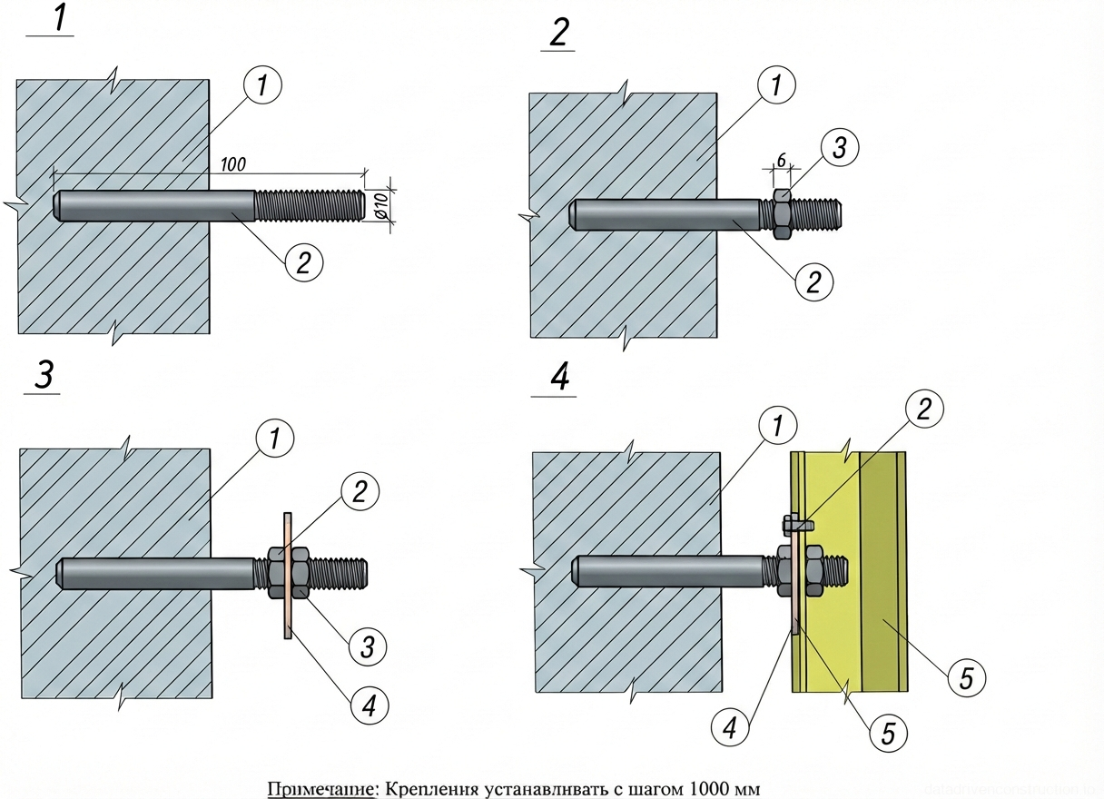 Рис. 1 — Поэтапная последовательность установки крепления алюминиевого профиля к кирпичной стене с использованием анкерной системы
