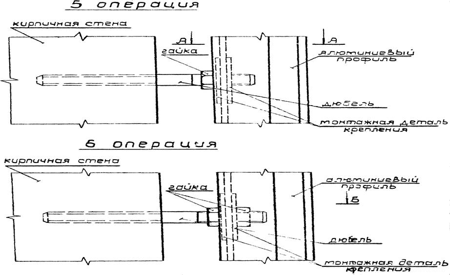 Рис. 1 — Последовательность монтажа крепления алюминиевого профиля к кирпичной стене с использованием анкерной системы.