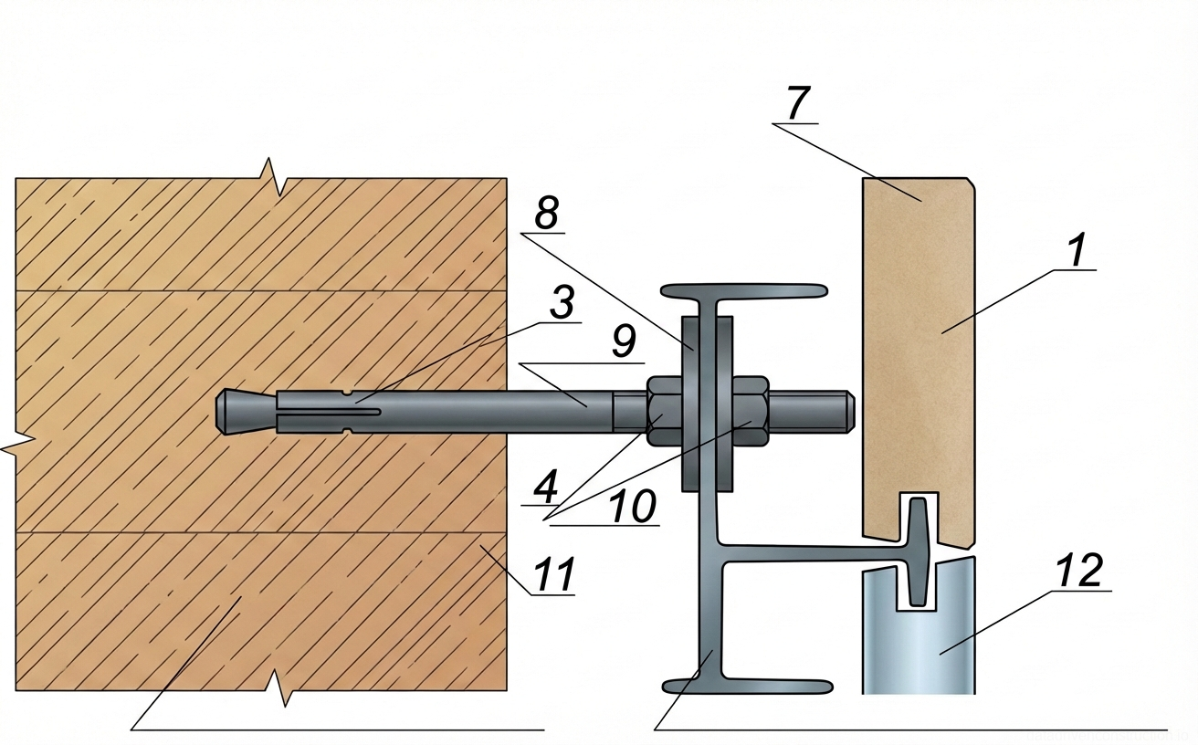 Рис. 1 — Разрез В-В системы вентилируемого фасада, показывающий соединение регулируемого анкерного кронштейна с кирпичной стеной, с каменной облицовкой и алюминиевой подсистемой.