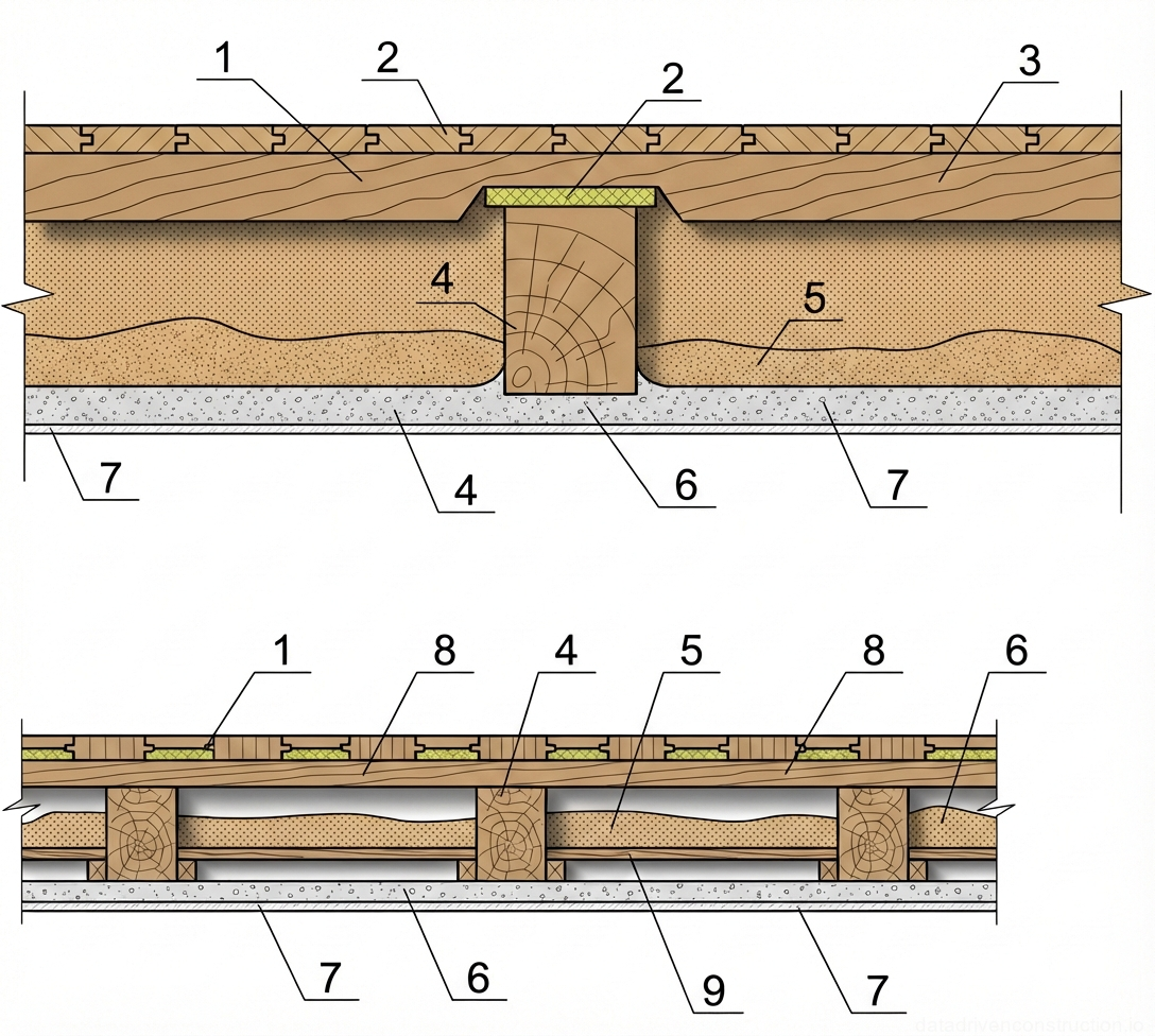 Рис. 1 — Поперечные разрезы традиционных деревянных балочных перекрытий с узлами опирания, элементами черного пола и деталями звуко- и теплоизоляционной засыпки