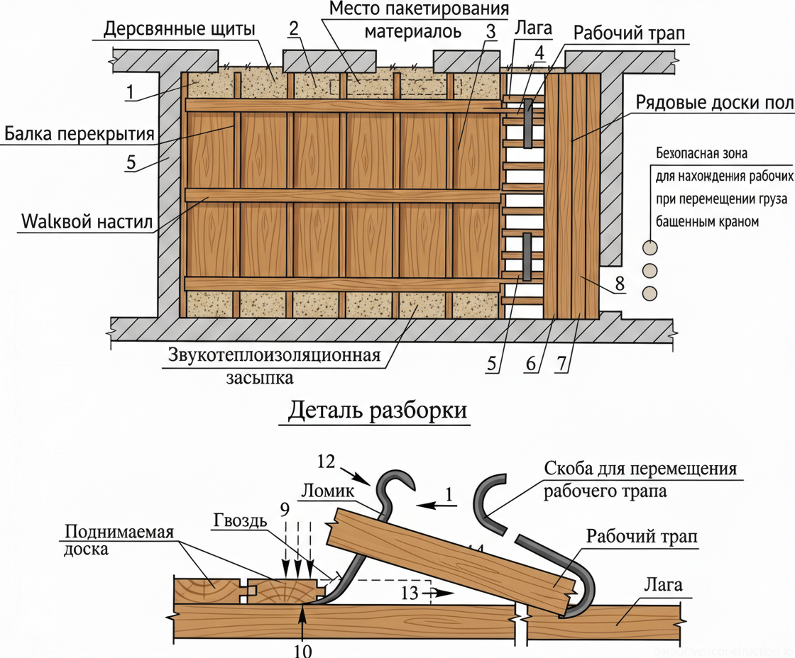 Рис. 1 — План и деталировка процесса демонтажа деревянного перекрытия с демонстрацией технологии отрыва досок