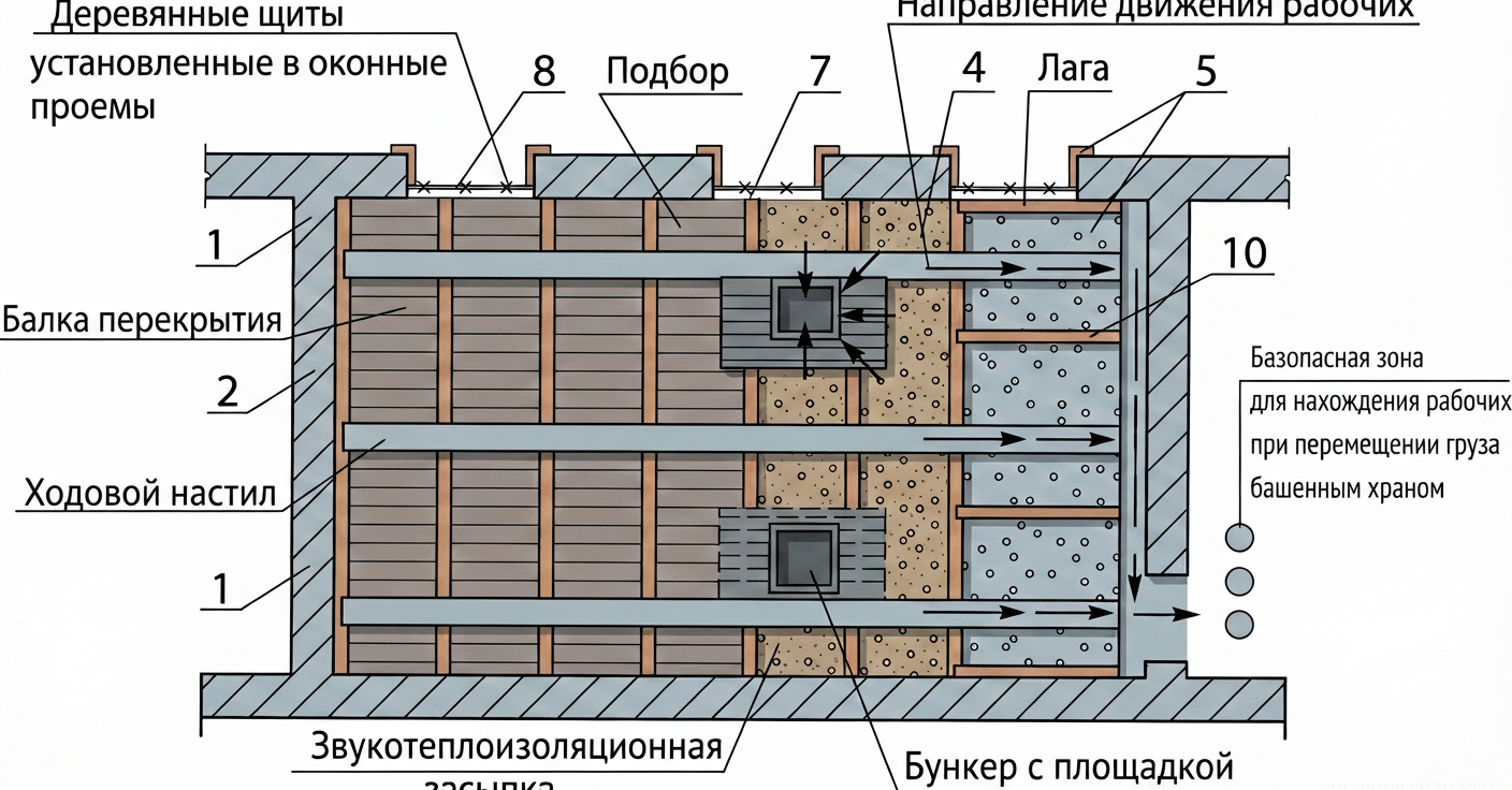Рис. 1 — План конструкции перекрытия с указанием изоляционной засыпки, несущих балок, путей движения рабочих и безопасных зон