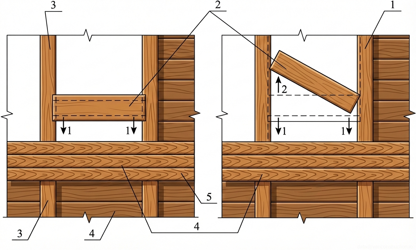 Рис. 1 — Схема и частичный демонтаж досок подбора (наката) между балками перекрытия