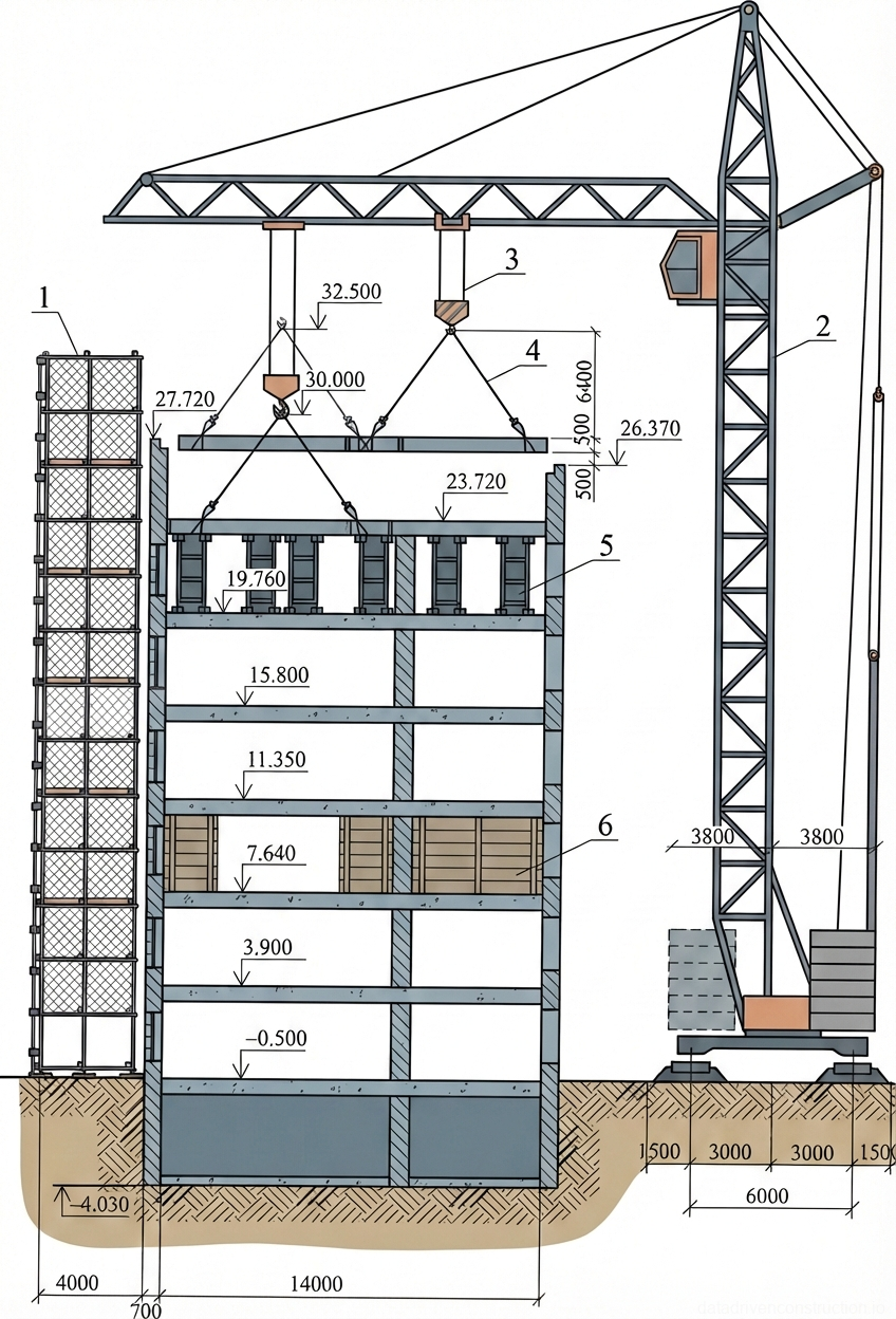 Рис. 1 — Поперечный разрез строящегося многоэтажного здания с отображением несущих конструкций, систем временных опор и крановых грузоподъемных операций