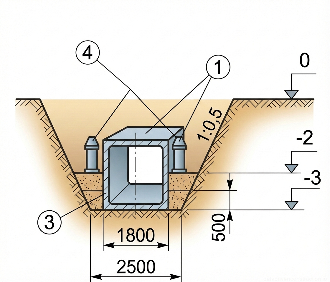 Рис. 1 — Деталь поперечного разреза монтажа сборного железобетонного канала в траншее с характеристиками основания и обратной засыпки