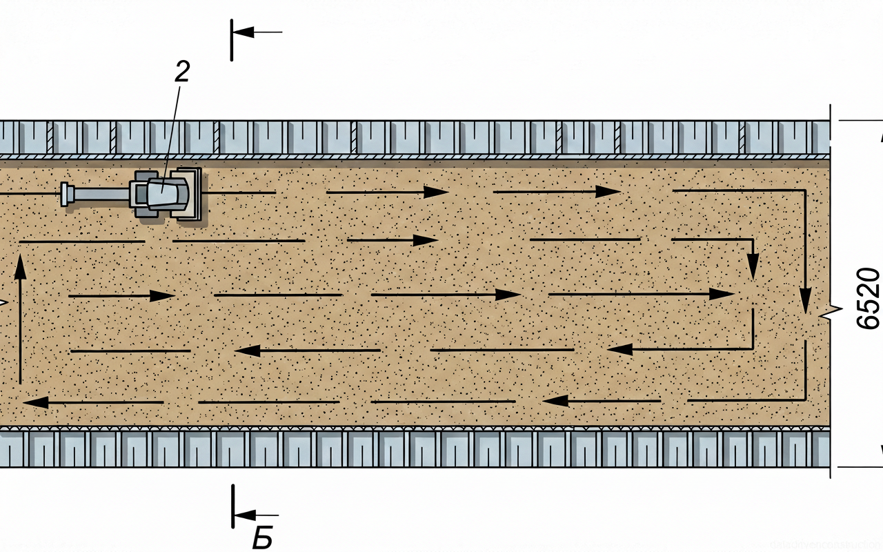 Рис. 1 — План-схема механизированного разравнивания и уплотнения зернистого материала подстилающего слоя в стесненной траншее