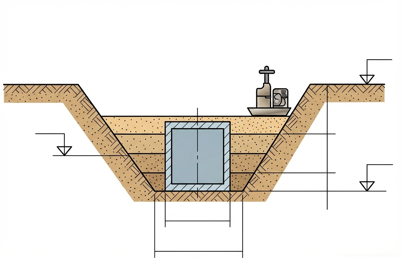 Рис. 1 — Поперечный разрез траншеи с железобетонным инженерным коллектором и послойным уплотнением обратной засыпки