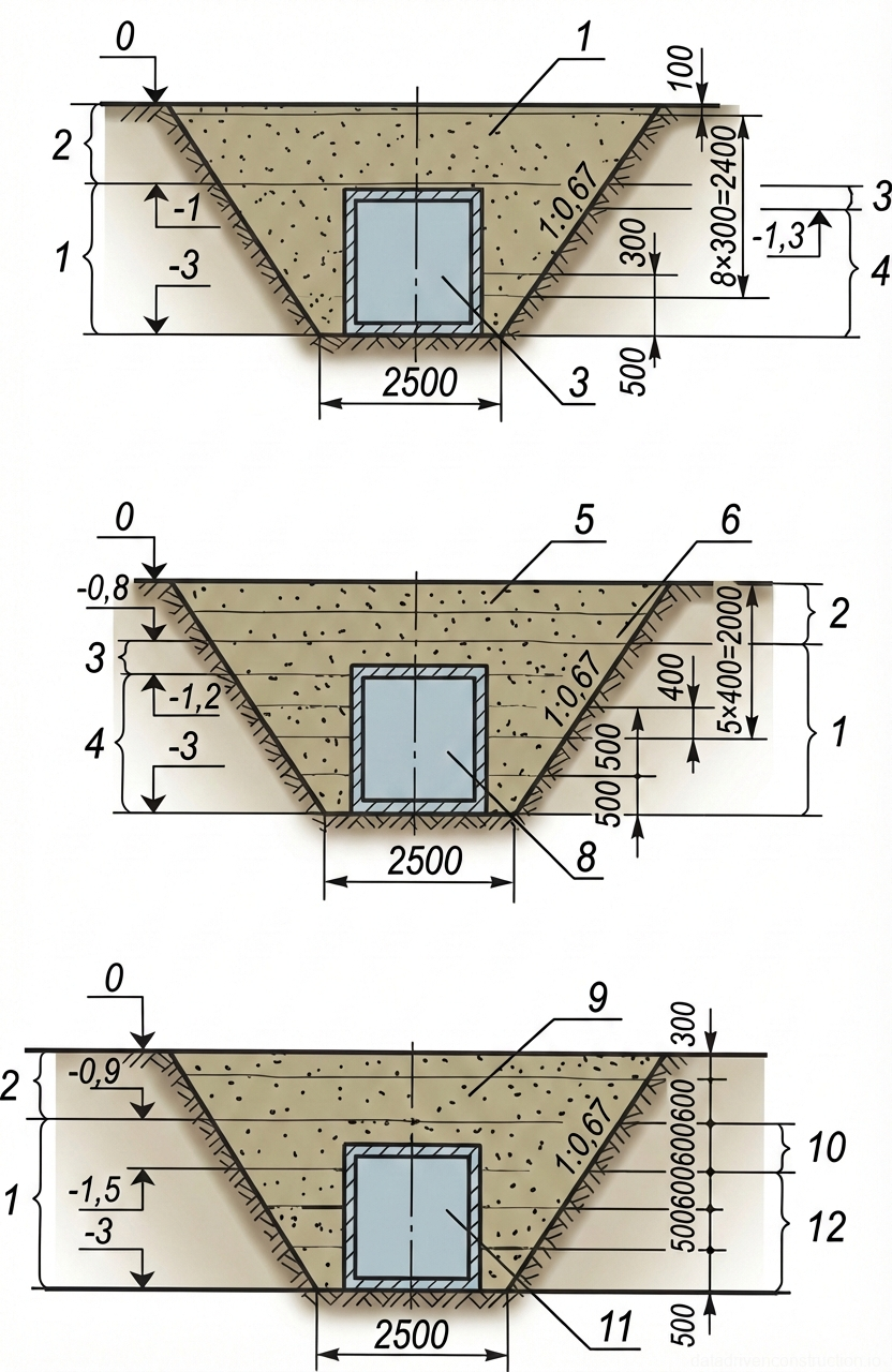 Рис. 1 — Поперечные разрезы разработки траншеи и слоев обратной засыпки для заглубленных прямоугольных конструкций (СВП12,5, СВП25, СВП63,1)