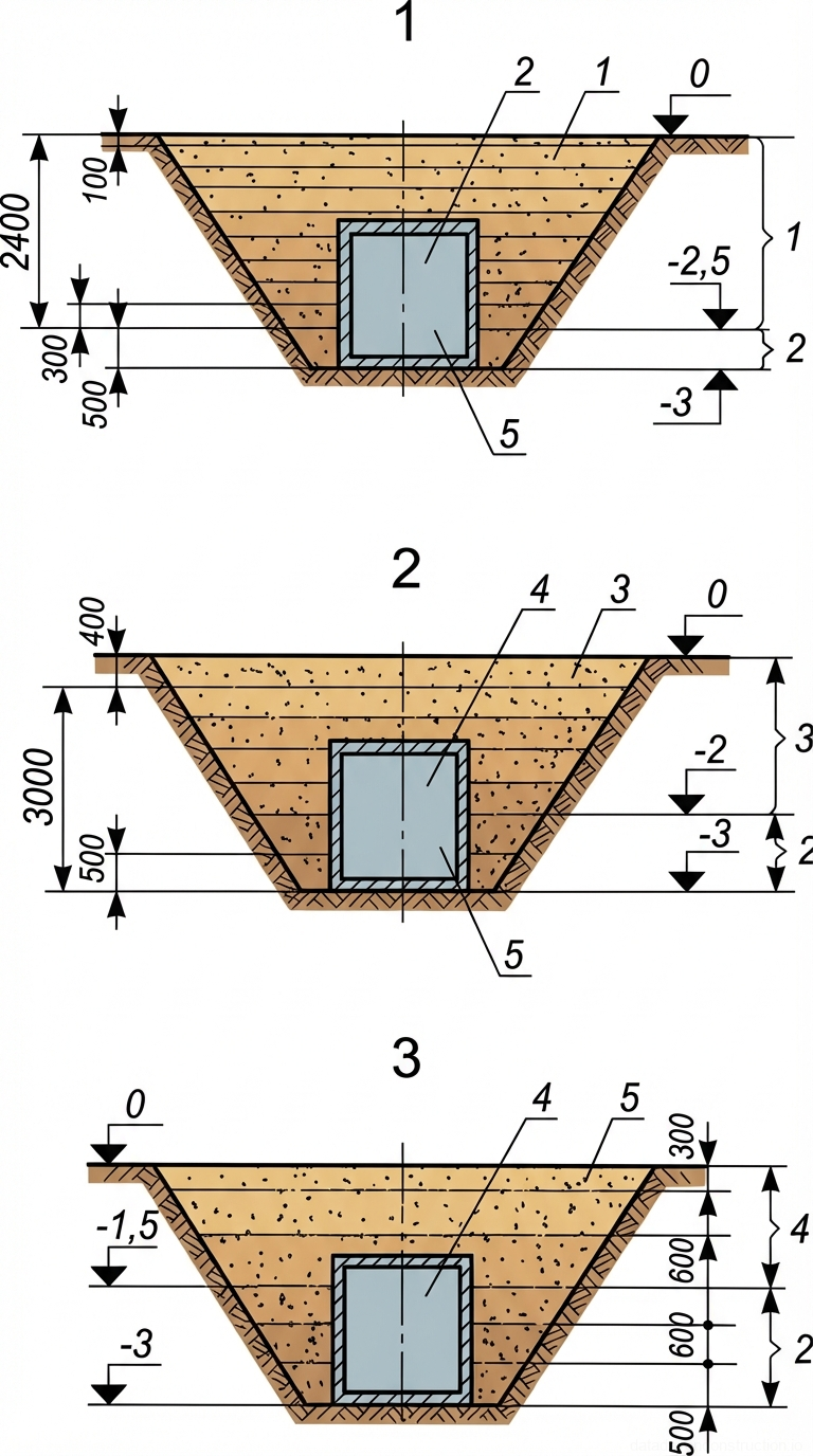 Рис. 1 — Типовые поперечные разрезы траншей открытого способа разработки для подземных прямоугольных инженерных сооружений с указанием профилей выемки, размещения конструкций и зон стратифицированного уплотнения засыпки.
