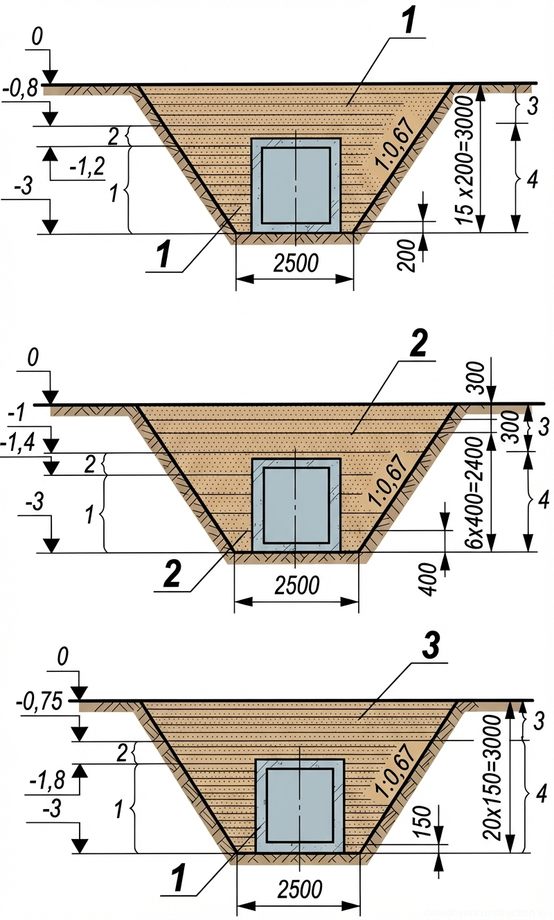 Рис. 1 — Схемы обратной засыпки траншеи, иллюстрирующие различную толщину слоев уплотнения и последовательность работ вокруг коробчатой конструкции
