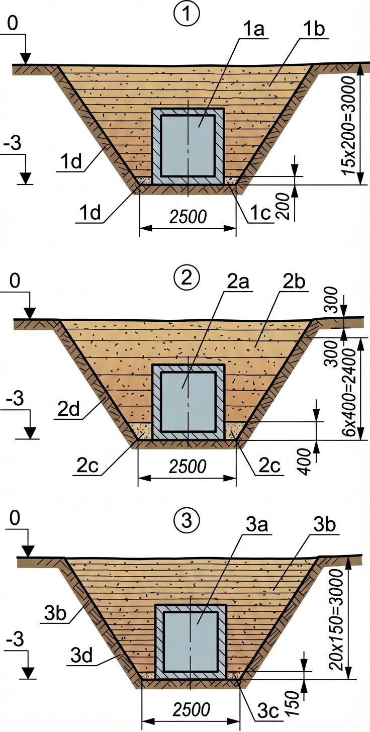 Рис. 1 — Типовые поперечные разрезы траншей для сборных железобетонных коробчатых коллекторов с указанием профилей выемки, размещения труб и заданной послойной засыпки.