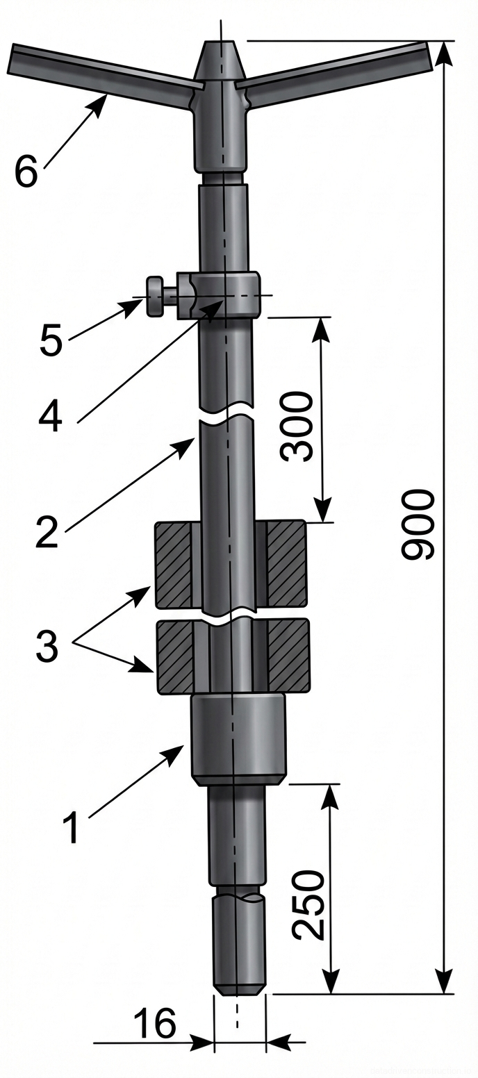 Рис. 1 — Сборочный чертеж ручного динамического плотномера (пенетрометра), показывающий основные компоненты, включая направляющую штангу, наковальню, ударный груз и рукоятку