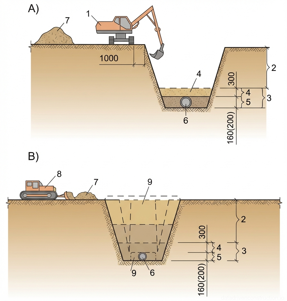 Рис. 1 — Последовательная схема операций по обратной засыпке траншеи с детализацией устройства защитного слоя над инженерными коммуникациями и процедур основной засыпки
