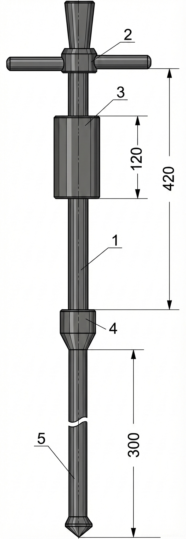 Рис. 1 — Общая сборка и основные компоненты легкого динамического конусного плотномера для испытания грунта