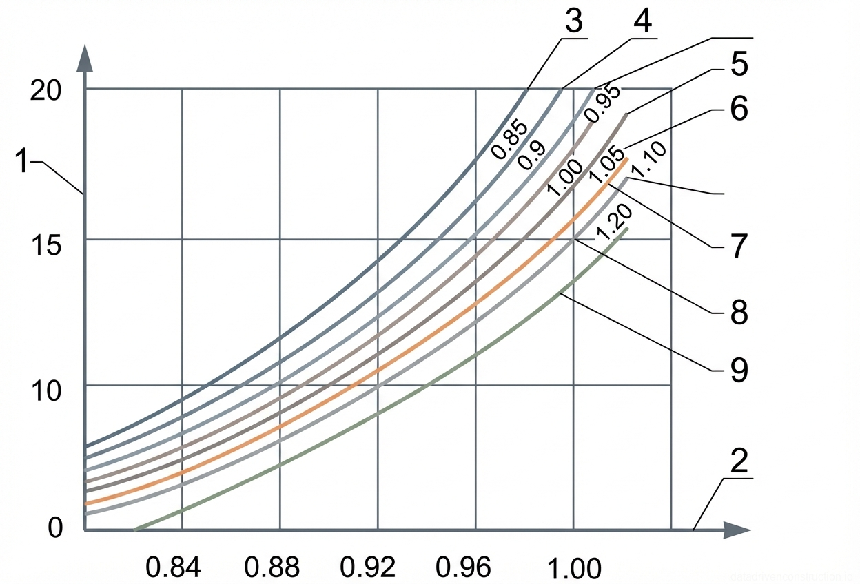 Рис. 1 — Номограмма для определения коэффициента уплотнения грунта в зависимости от количества ударов плотномера и относительной влажности грунта