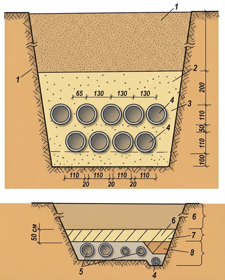 Рис. 1 — Поперечные разрезы траншей инженерных сетей с указанием расположения труб, слоев основания и характеристик засыпки.