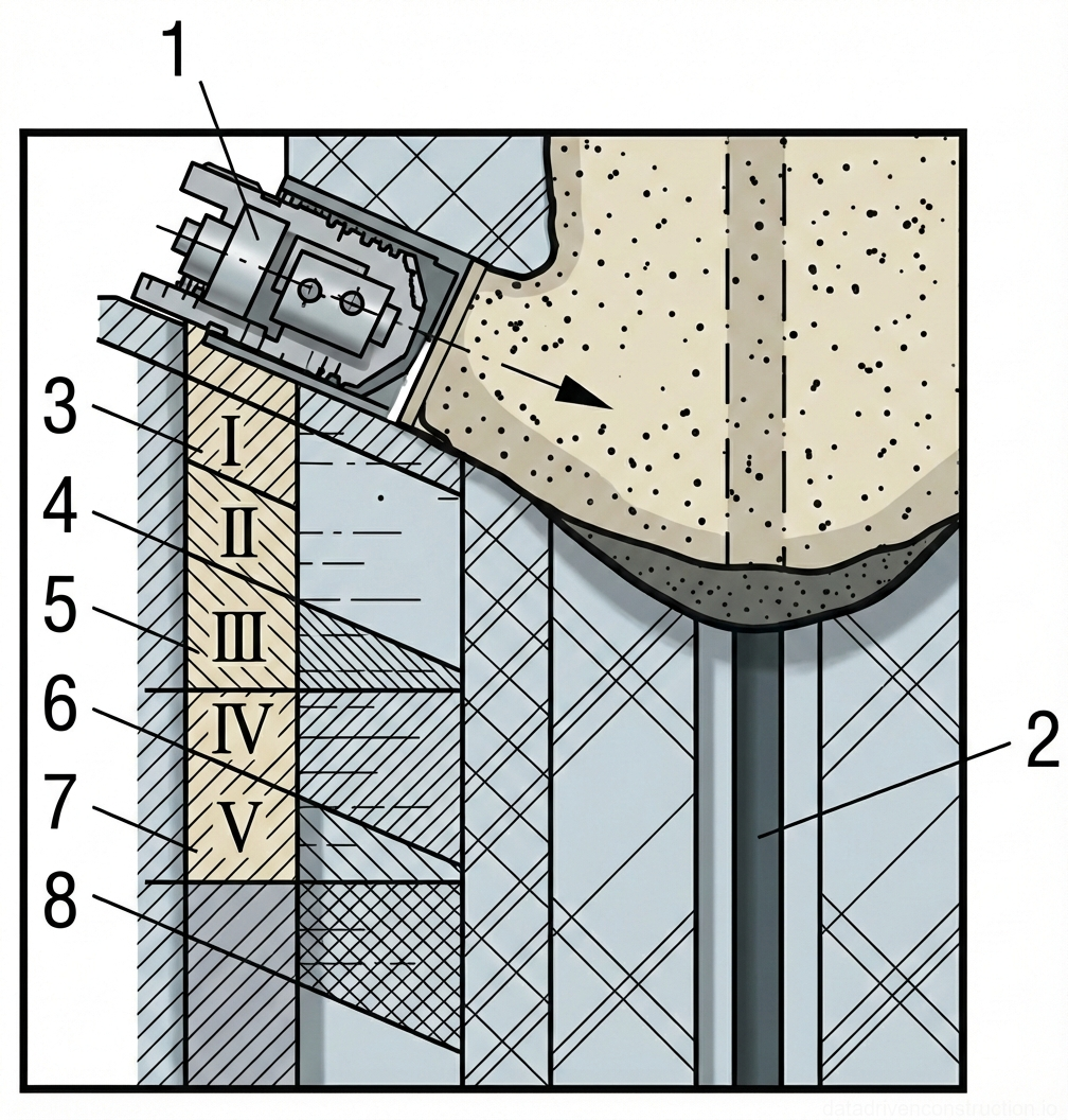 Рис. 1 — Поперечный разрез подземной механизированной выемки грунта или бурения, показывающий последовательную стратификацию и центральную шахту для удаления материала.