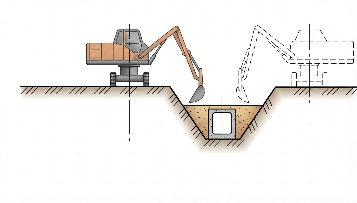 Рис. 1 — Поперечный разрез А-А процесса разработки траншеи и обратной засыпки прямоугольного бетонного коллектора с использованием экскаватора
