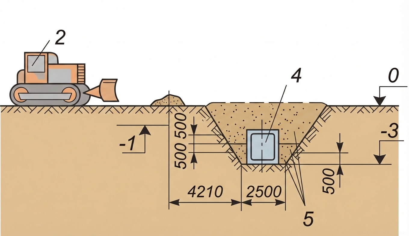 Рис. 1 — Детали поперечного разреза операции обратной засыпки траншеи над подземным бетонным инженерным коллектором с использованием бульдозера