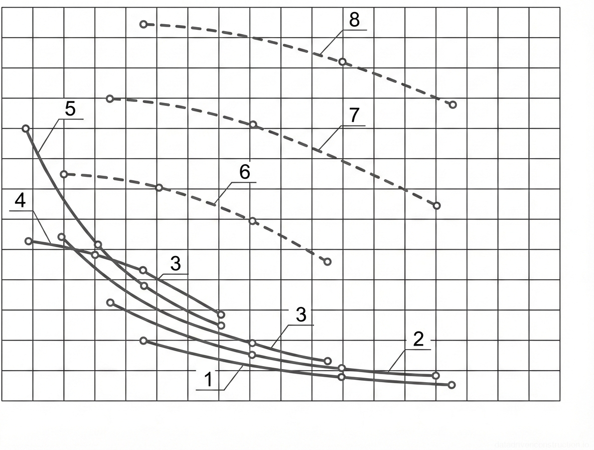 Рис. 1 — График грузовых характеристик крана, иллюстрирующий зависимость между вылетом стрелы и высотой подъема крюка для различных конфигураций