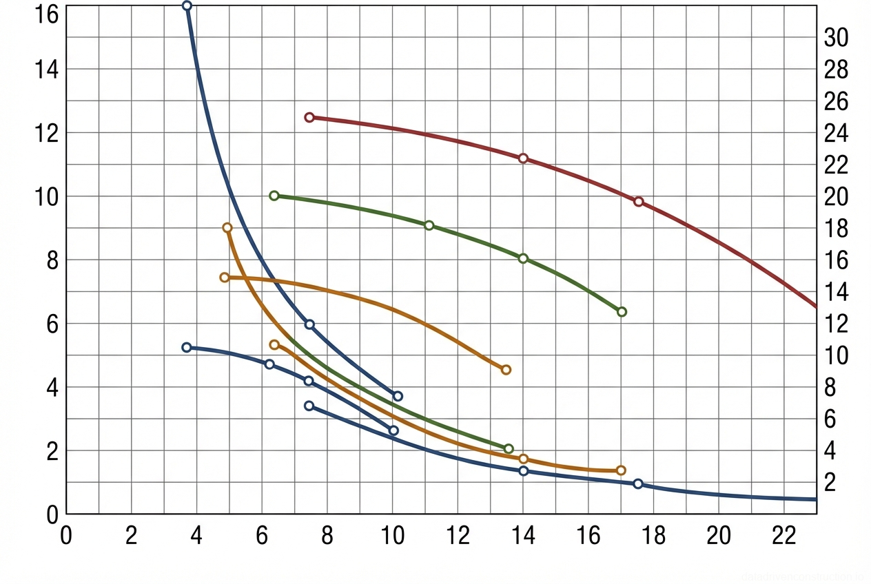 Рис. 1 — График грузовых характеристик крана: Грузоподъемность и высота подъема крюка в зависимости от вылета стрелы