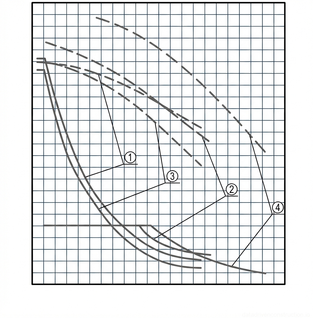Рис. 1 — Кривые грузовысотных характеристик для крана с различными конфигурациями стрелы