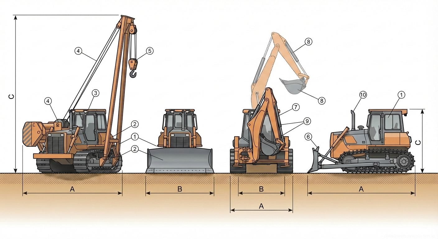 Рис. 1 — Многоракурсная иллюстрация конфигураций строительных машин на гусеничном ходу, включая трубоукладчик, бульдозер и гидравлический экскаватор