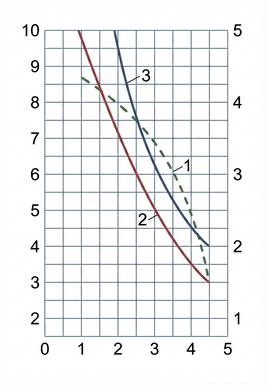 Рис. 1 — График характеристик оборудования, детализирующий рабочую грузоподъемность и высоту подъема крюка в зависимости от вылета стрелы