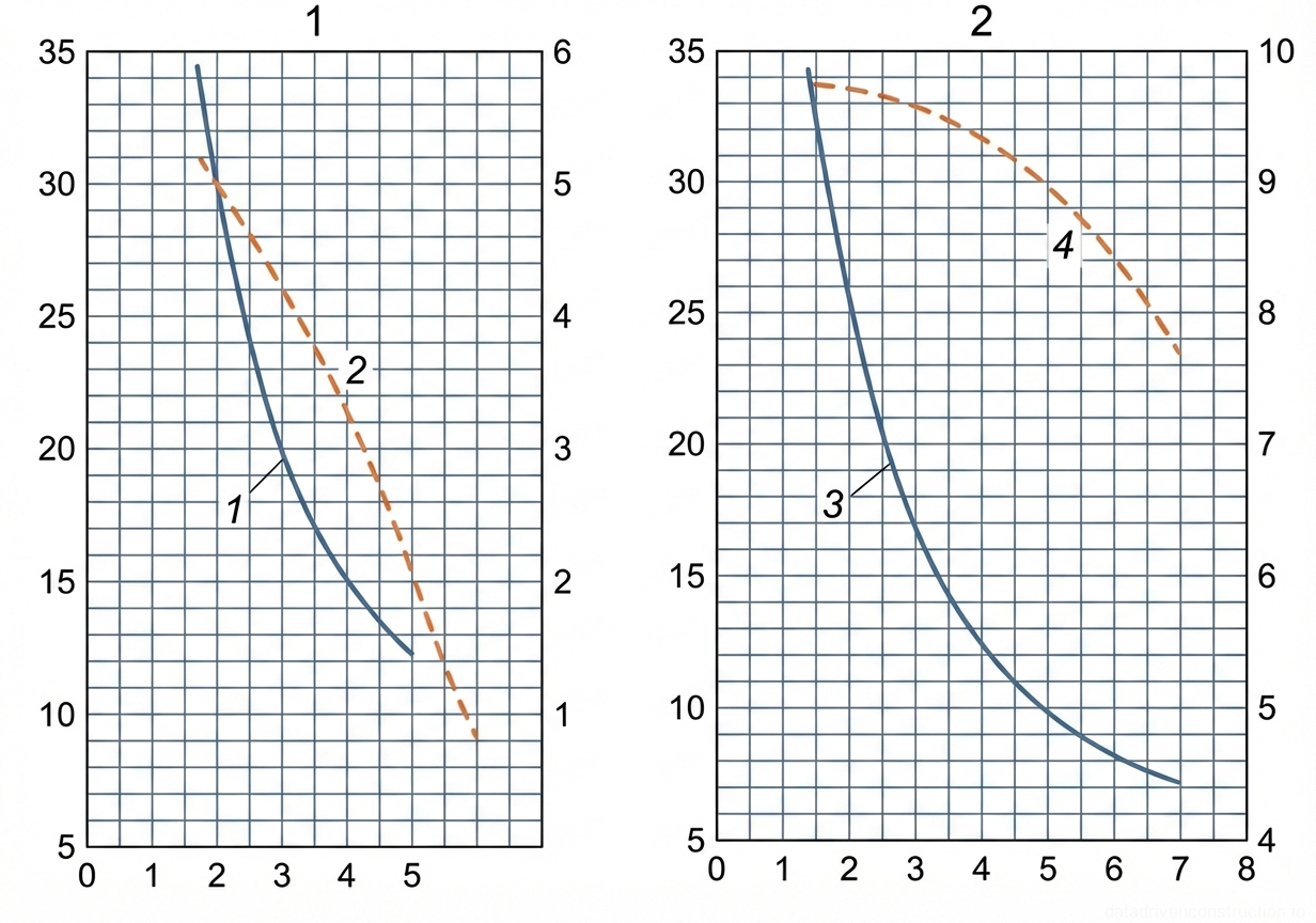 Рис. 1 — Кривые грузовысотных характеристик гусеничного экскаватора Э-652 со стандартной и удлиненной конфигурациями стрелы