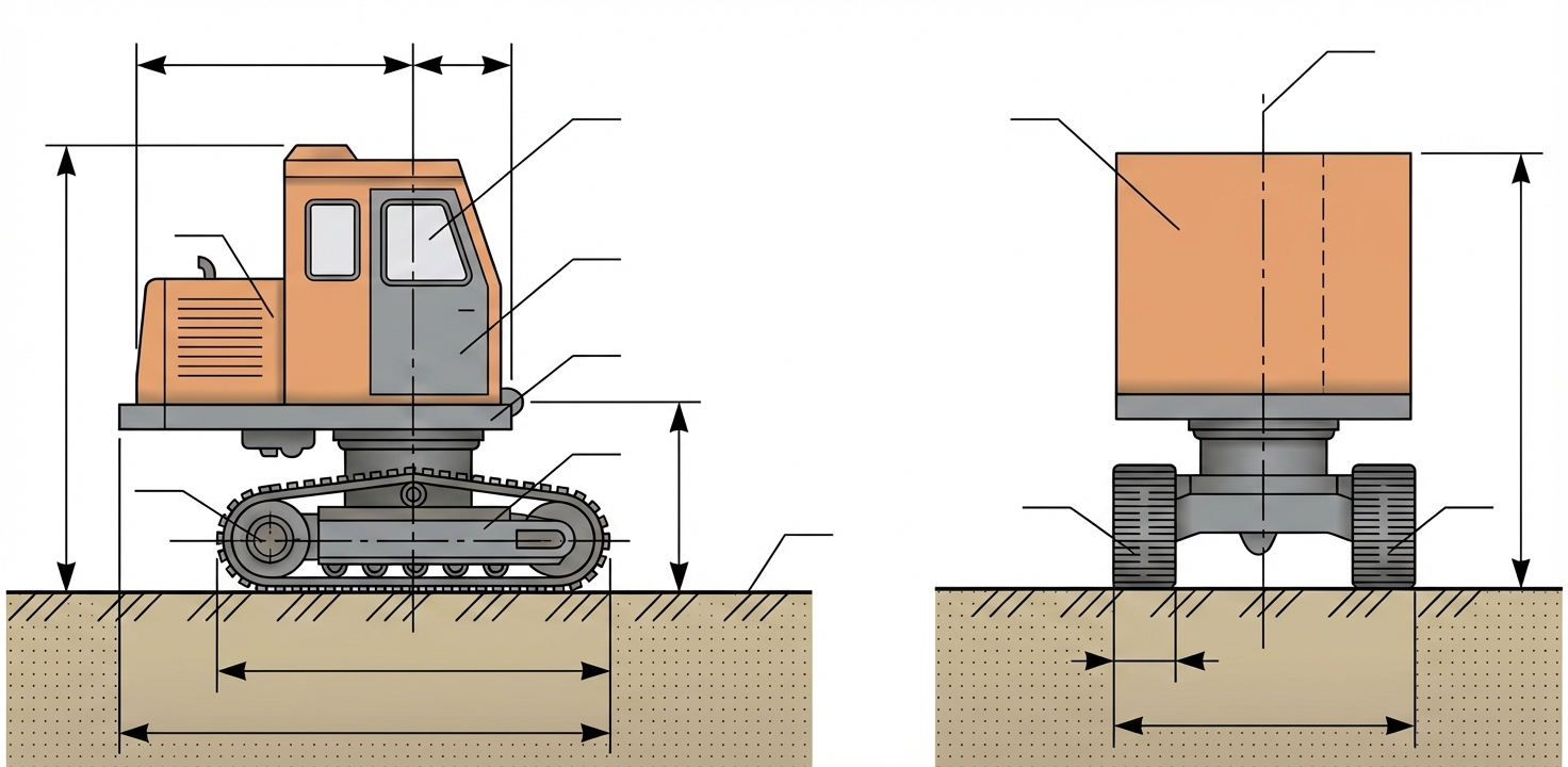 Рис. 1 — Ортогональные боковая и задняя проекции строительной машины на гусеничном ходу, иллюстрирующие основные конструктивные элементы и габаритные размеры