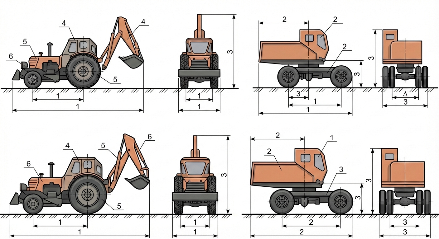 Рис. 1 — Размерные схемы экскаватора-погрузчика и специализированного транспортного средства с указанием ключевых габаритных и рабочих размеров