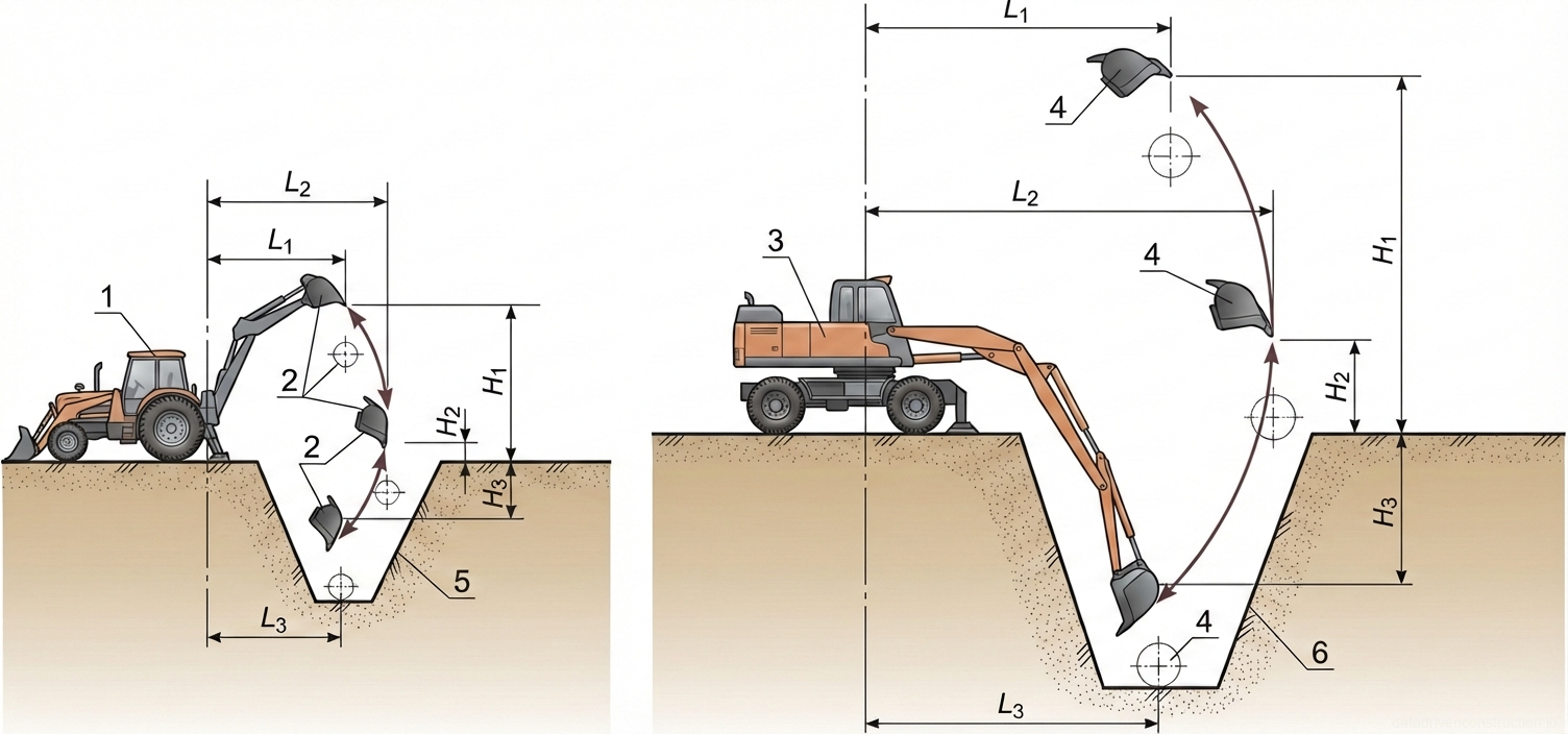 Рис. 1 — Рабочие схемы и кинематические параметры навесных тракторных и колесных одноковшовых экскаваторов