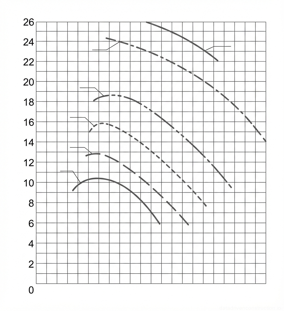 Рис. 1 — Кинематическая схема, иллюстрирующая кривые высоты подъема крюка относительно вылета для нескольких конфигураций стрелы крана