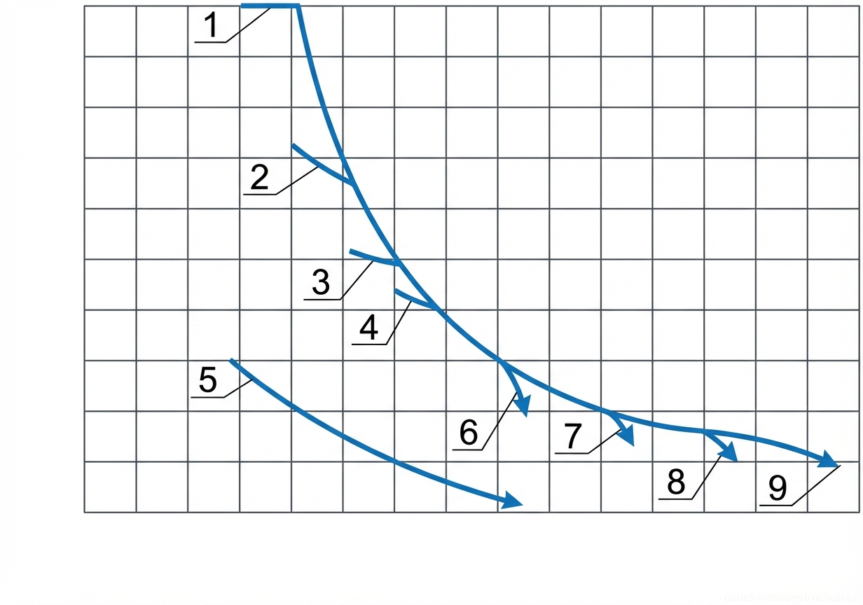 Рис. 1 — График грузовых характеристик крана, детализирующая грузоподъемность в зависимости от рабочего вылета для различных конфигураций стрелы